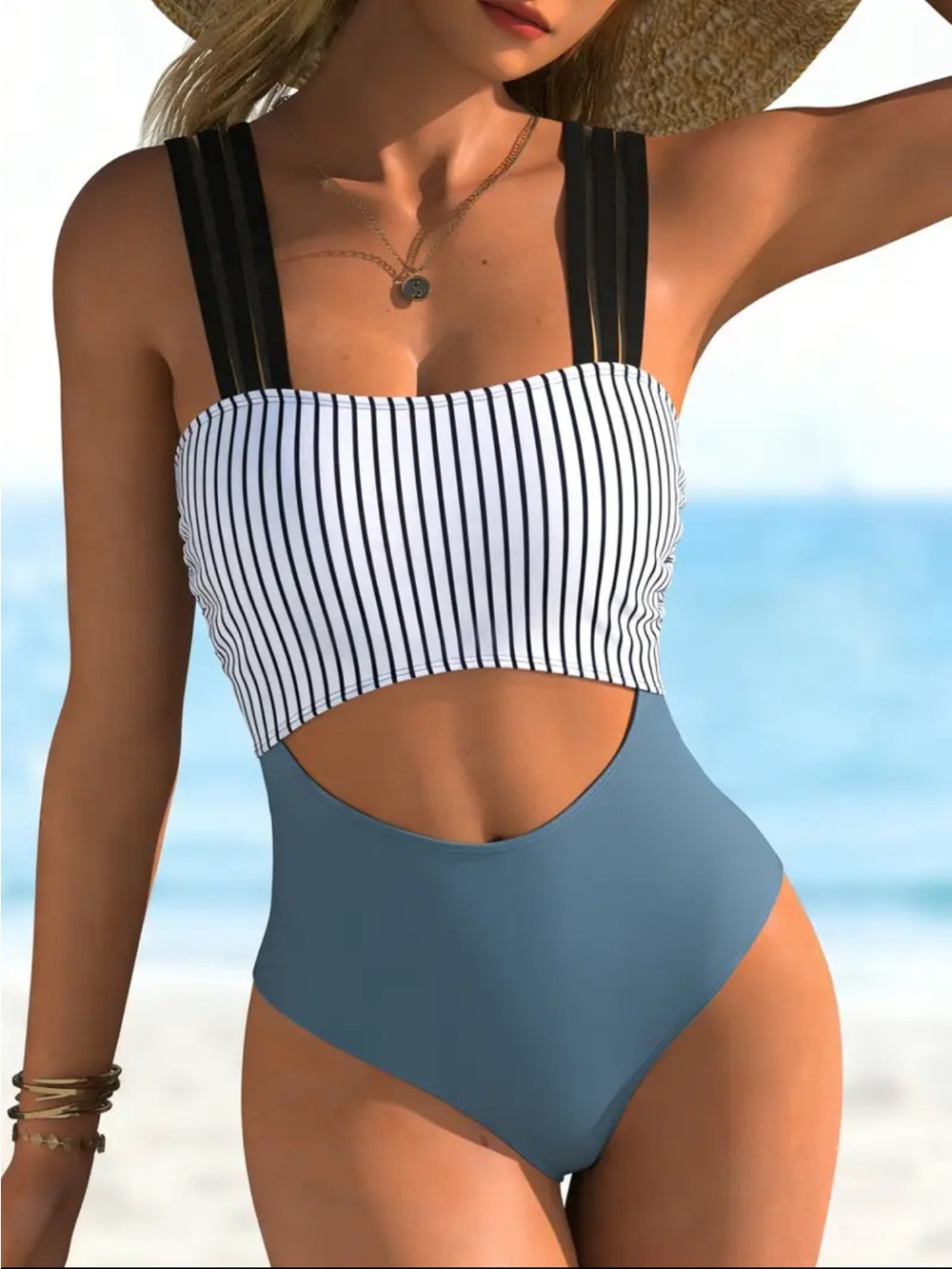 NEW Striped Bandeau Cutout One-Piece Swimsuit in White, Black & Dusty Blue XL